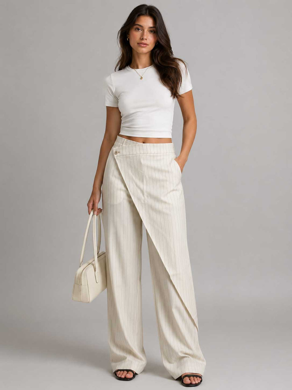 Creeamy Pinstripe Wrap Waist Wide Leg Pants Wideleg CIZARO - Cizaro Jeans