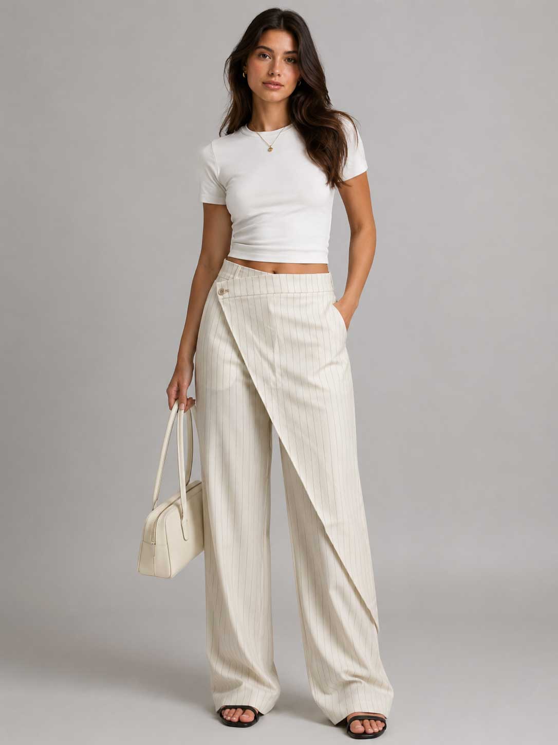 Creeamy Pinstripe Wrap Waist Wide Leg Pants Wideleg CIZARO - Cizaro Jeans