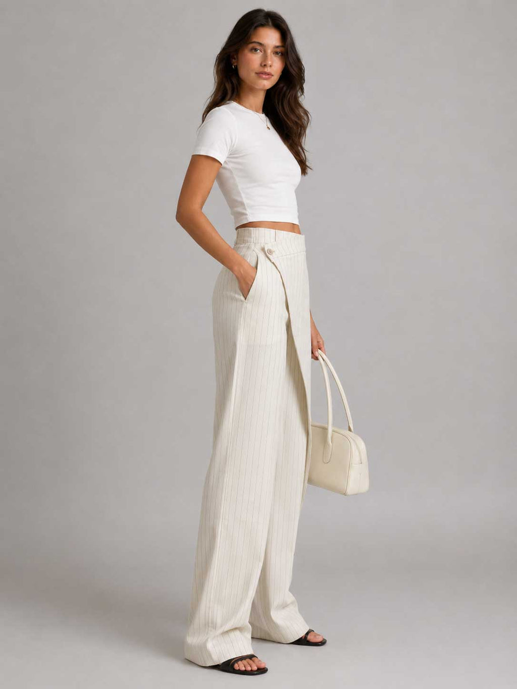 Creeamy Pinstripe Wrap Waist Wide Leg Pants Wideleg CIZARO - Cizaro Jeans