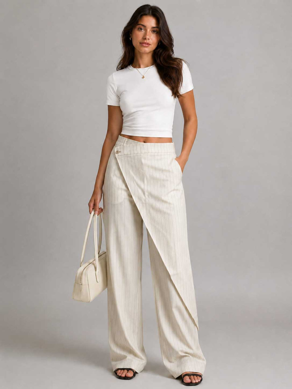 Creeamy Pinstripe Wrap Waist Wide Leg Pants Wideleg CIZARO - Cizaro Jeans