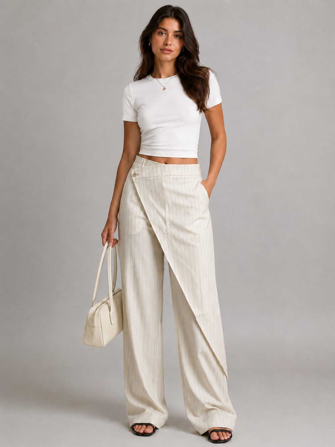 Creeamy Pinstripe Wrap Waist Wide Leg Pants Wideleg CIZARO - Cizaro Jeans