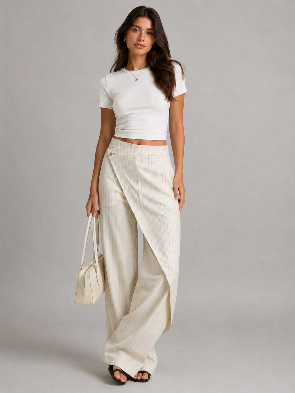 Creeamy Pinstripe Wrap Waist Wide Leg Pants Wideleg CIZARO - Cizaro Jeans