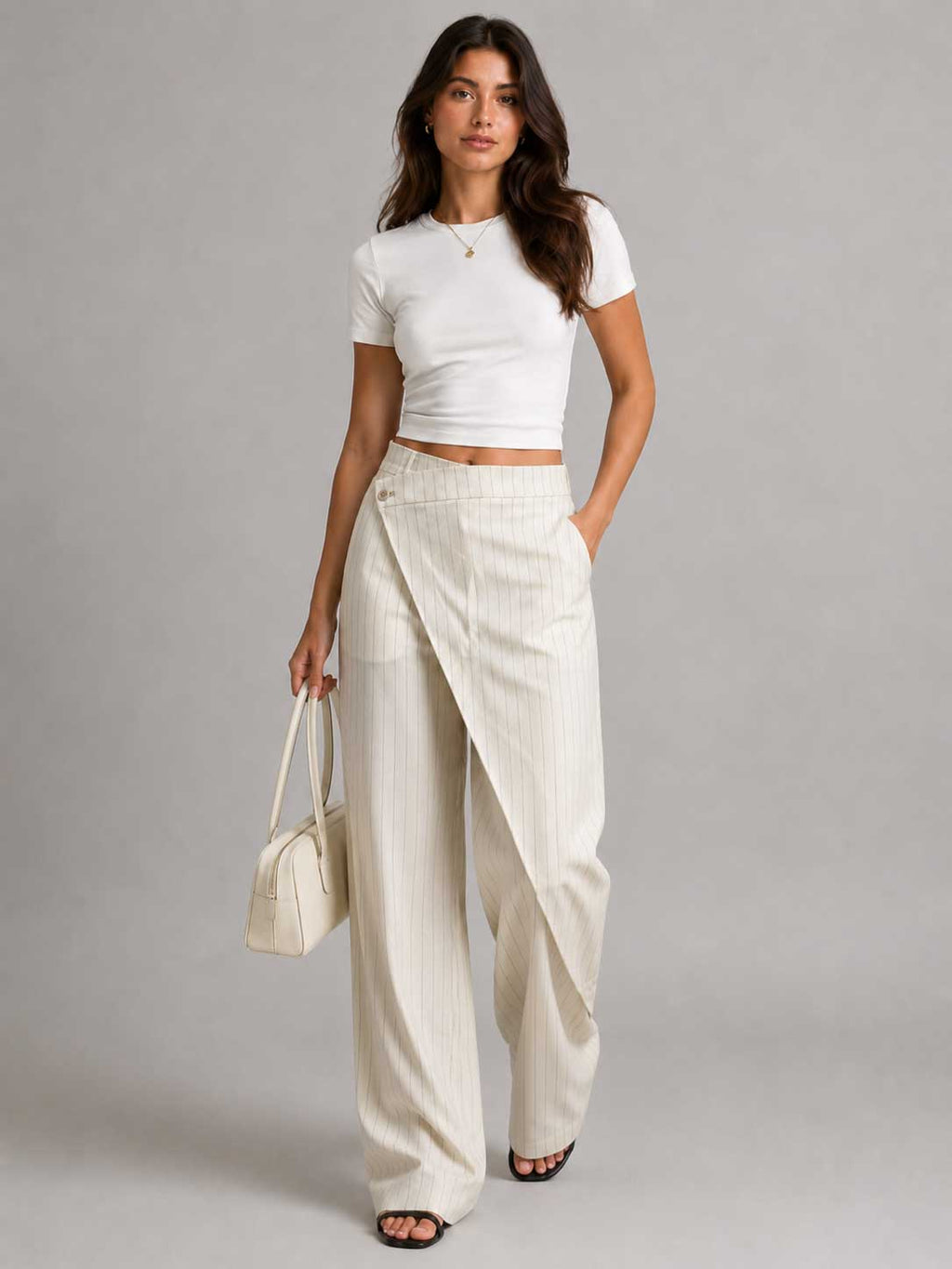 Creeamy Pinstripe Wrap Waist Wide Leg Pants Wideleg CIZARO - Cizaro Jeans