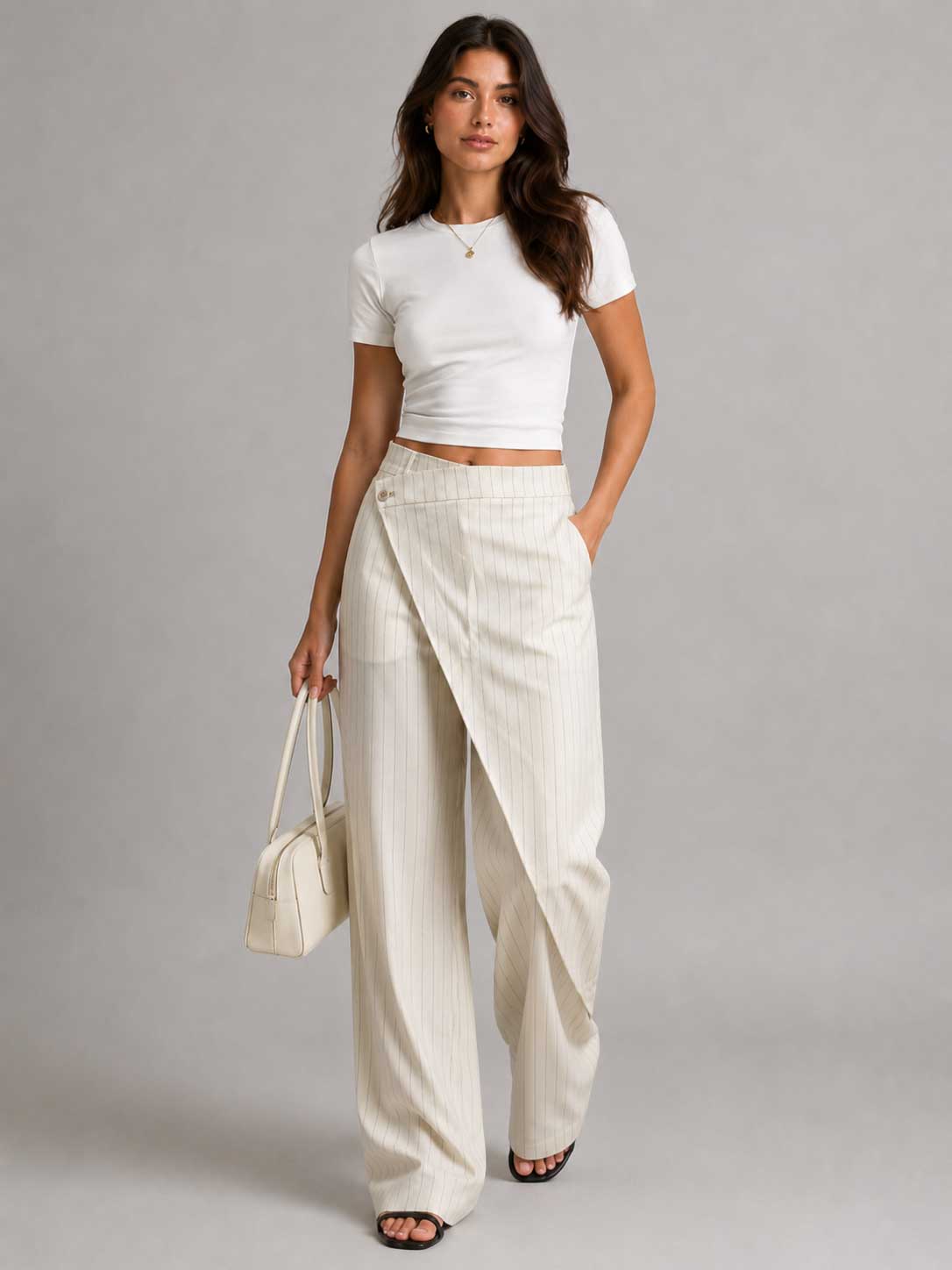 Creeamy Pinstripe Wrap Waist Wide Leg Pants Wideleg CIZARO - Cizaro Jeans