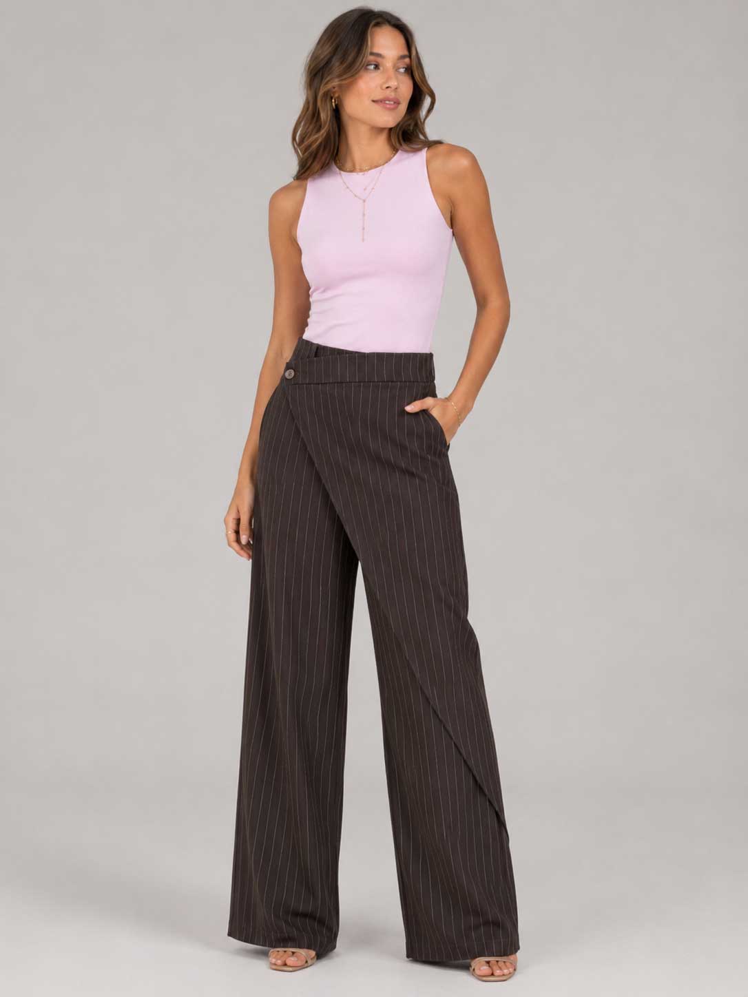Pinstripe Wrap Waist Brown Wide Leg Pants striped CIZARO - Cizaro Jeans