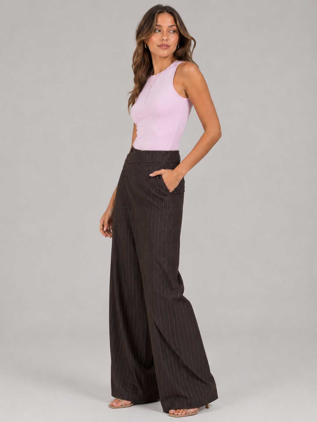 Pinstripe Wrap Waist Brown Wide Leg Pants striped CIZARO - Cizaro Jeans