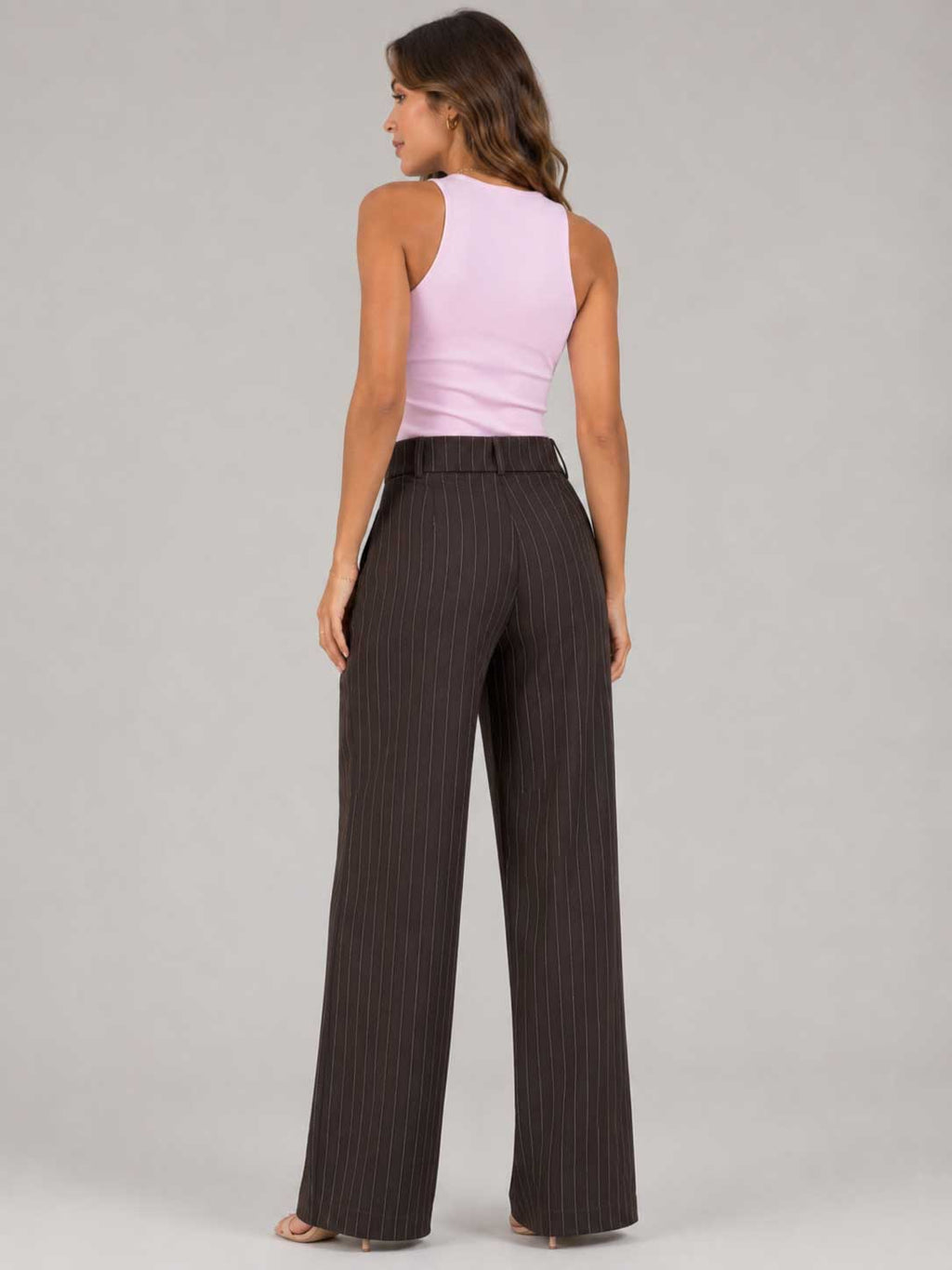 Pinstripe Wrap Waist Brown Wide Leg Pants striped CIZARO - Cizaro Jeans