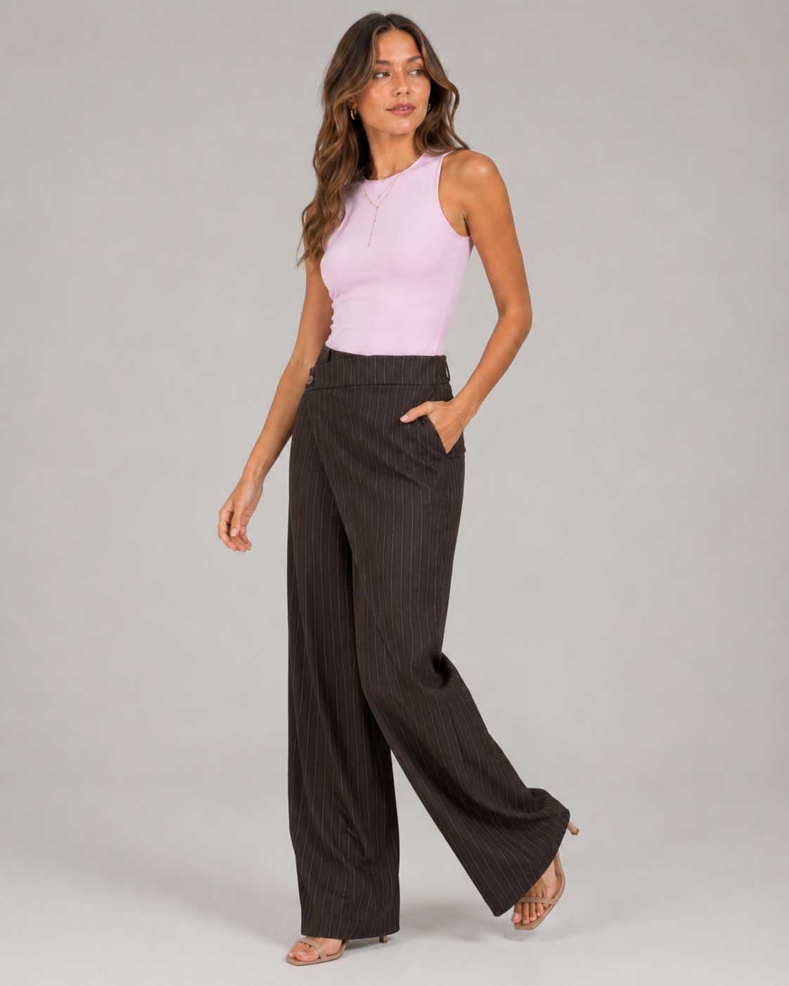 Pinstripe Wrap Waist Brown Wide Leg Pants striped CIZARO - Cizaro Jeans