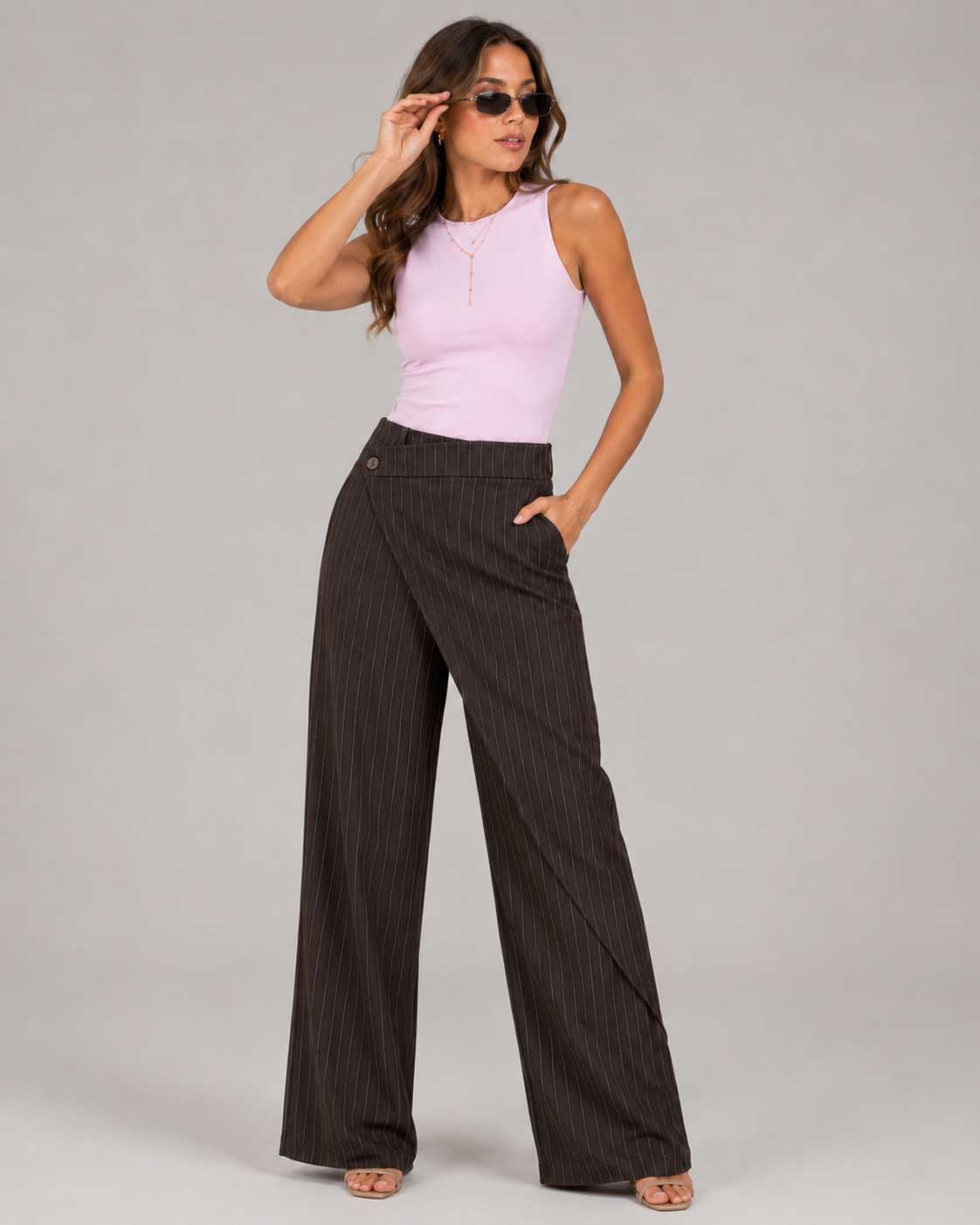 Pinstripe Wrap Waist Brown Wide Leg Pants striped CIZARO - Cizaro Jeans