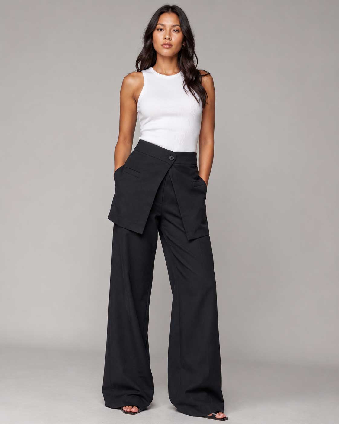 Wrap Waist Wide-Leg Black Linen Pants Linen CIZARO - Cizaro Jeans