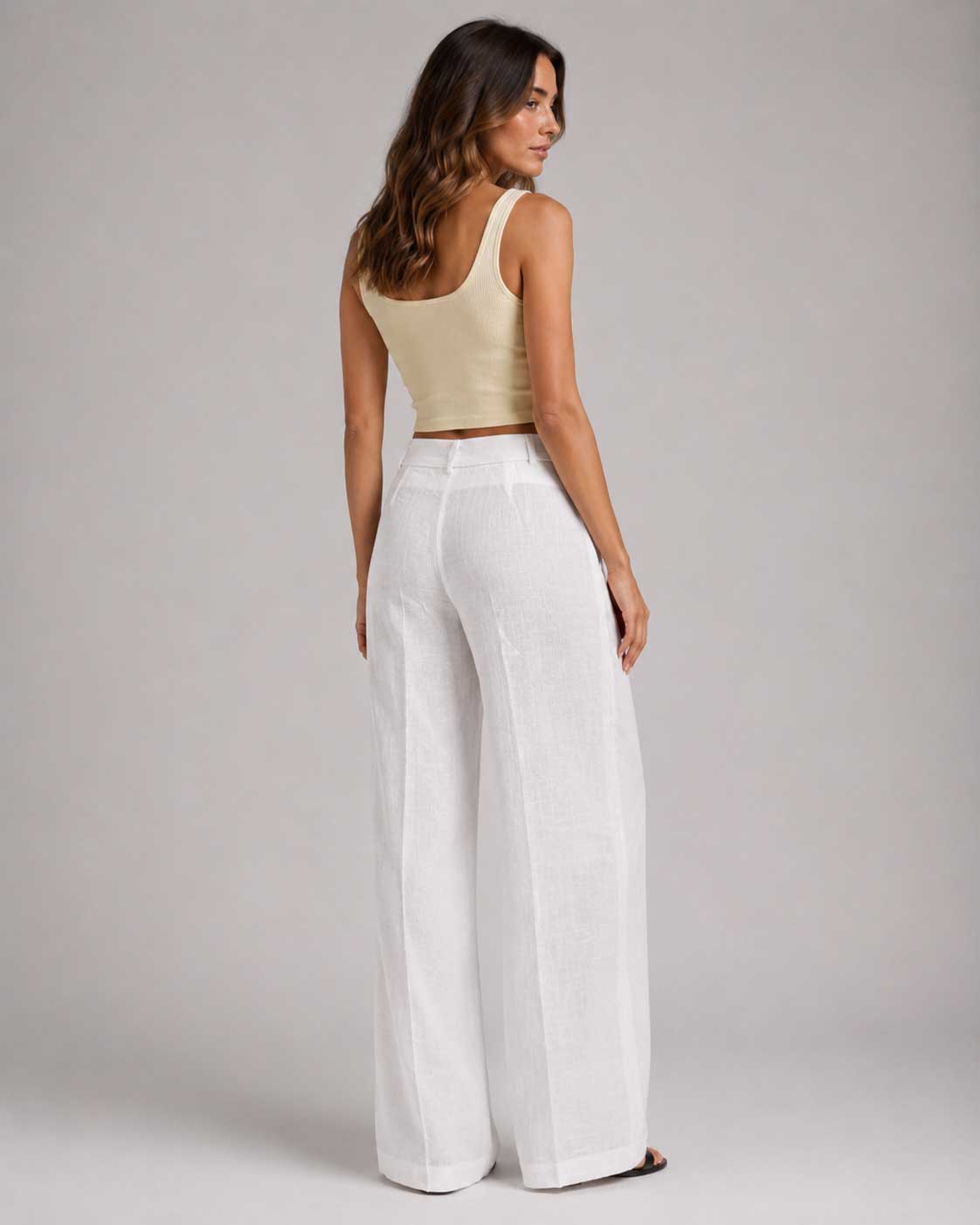 Layered Waist White Wide Leg Linen Pants Linen CIZARO - Cizaro Jeans