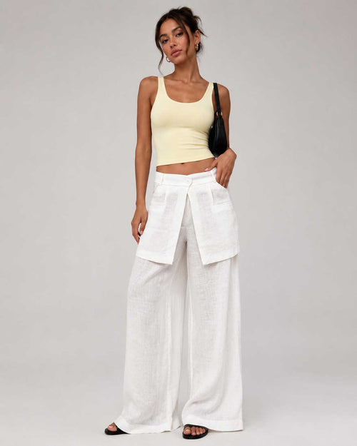 Layered Waist White Wide Leg Linen Pants Linen CIZARO - Cizaro Jeans