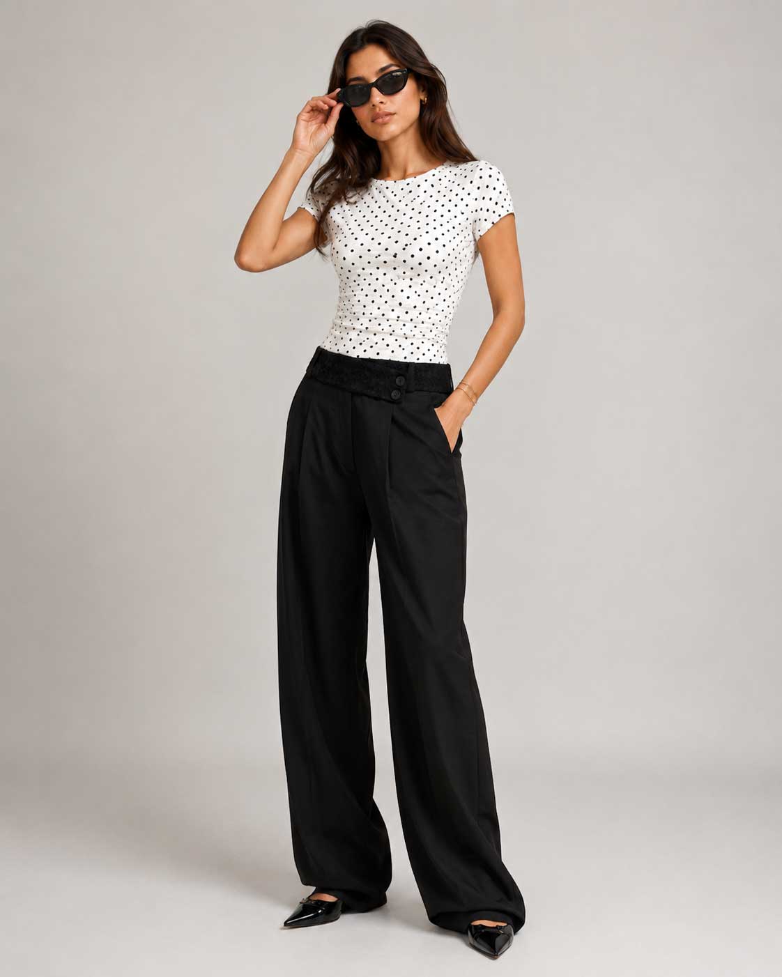 Lace Waist Black Wide Leg Pants Lace CIZARO - Cizaro Jeans