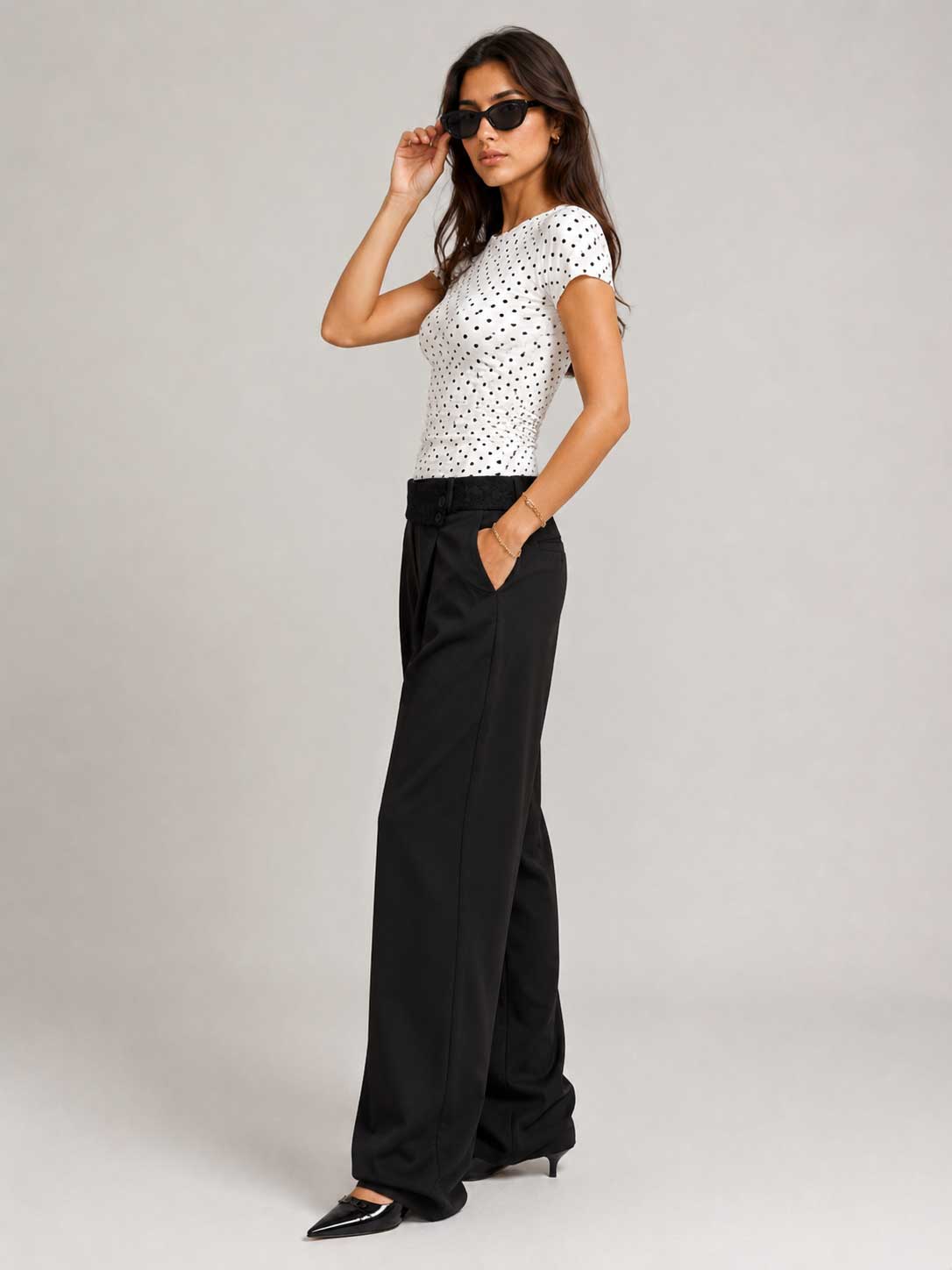 Lace Waist Black Wide Leg Pants Lace CIZARO - Cizaro Jeans