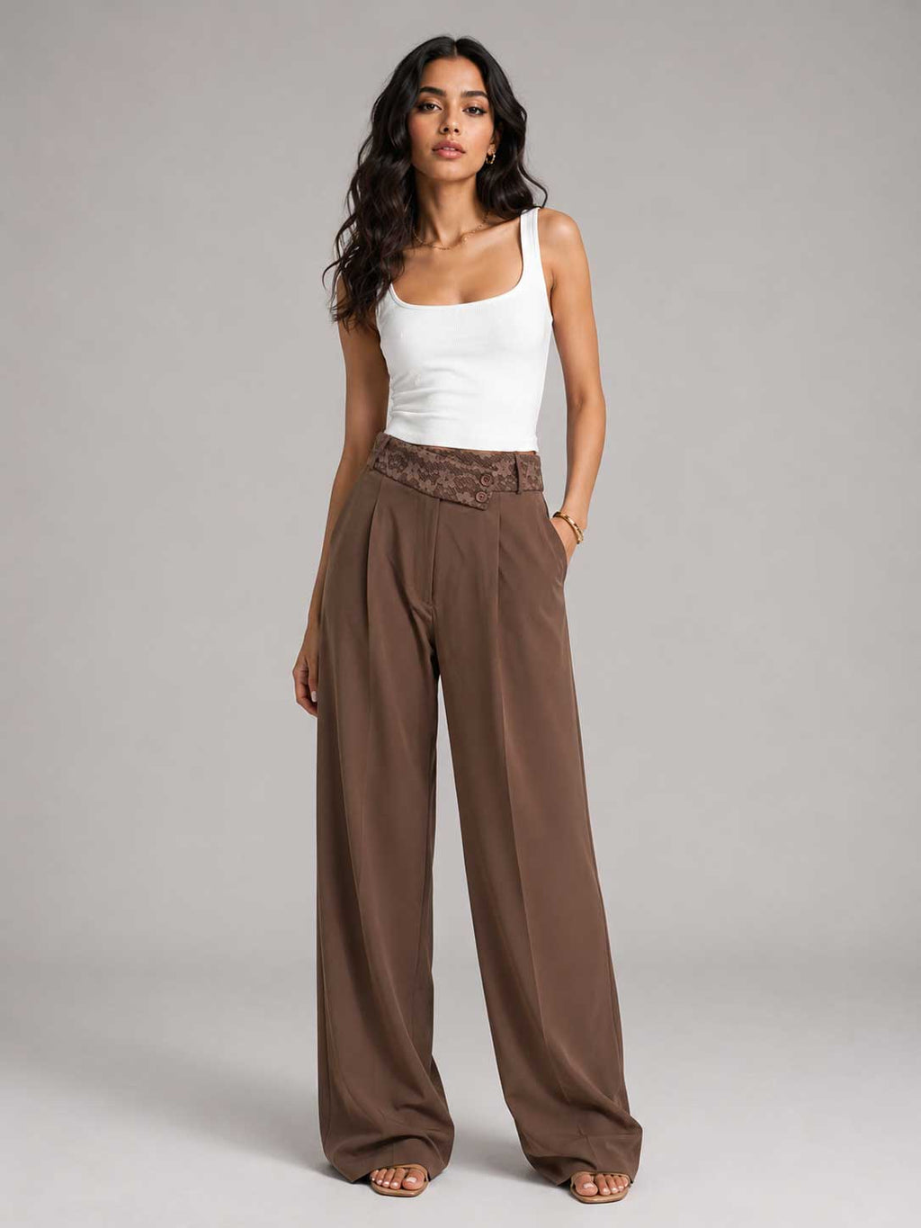 Lace Waist Mocha Wide Leg Pants Lace CIZARO - Cizaro Jeans