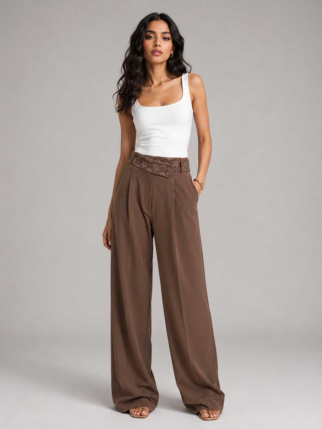 Lace Waist Mocha Wide Leg Pants Lace CIZARO - Cizaro Jeans
