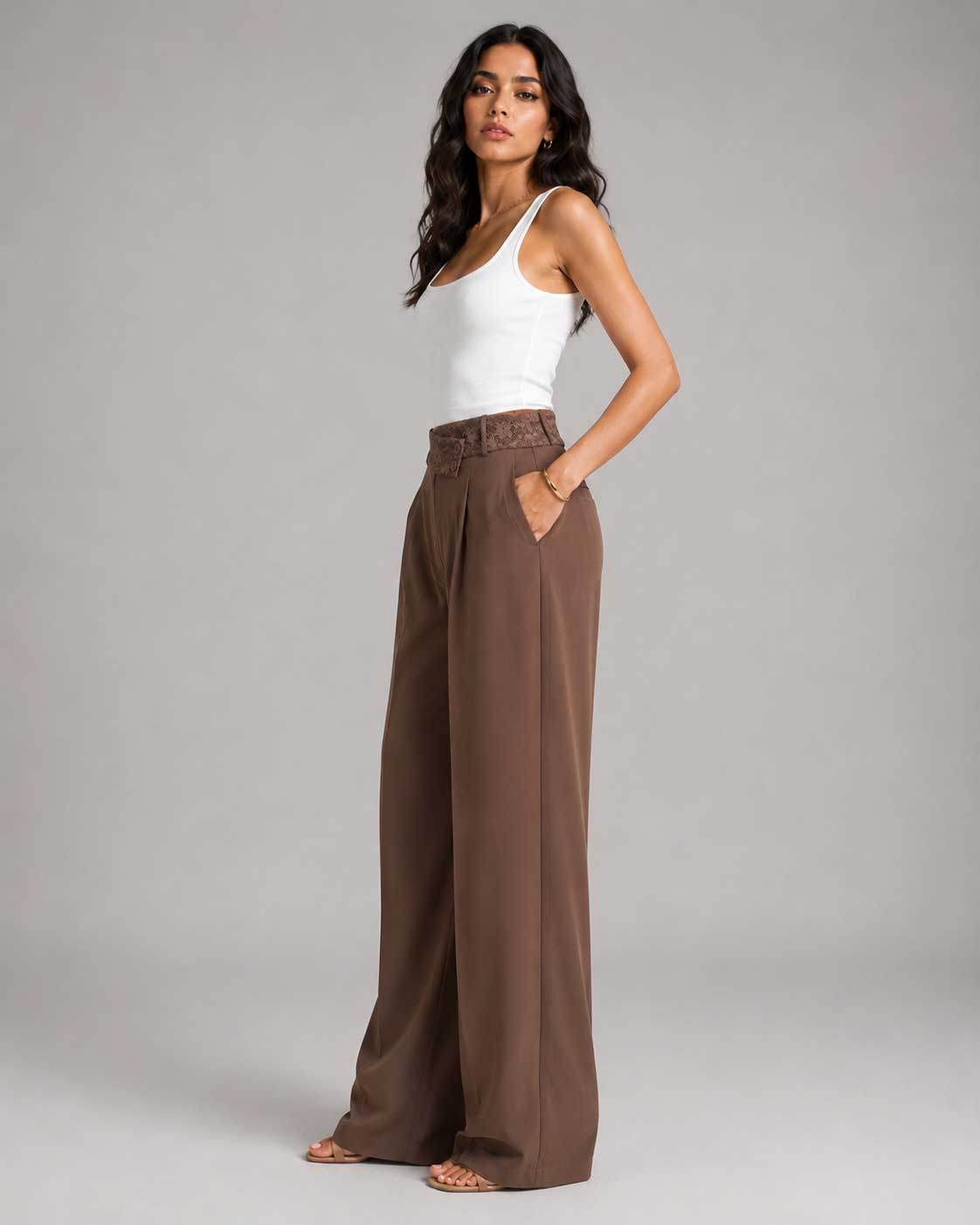 Lace Waist Mocha Wide Leg Pants Lace CIZARO - Cizaro Jeans