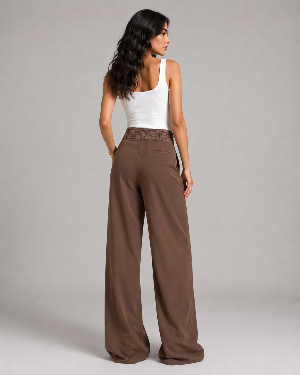 Lace Waist Mocha Wide Leg Pants Lace CIZARO - Cizaro Jeans
