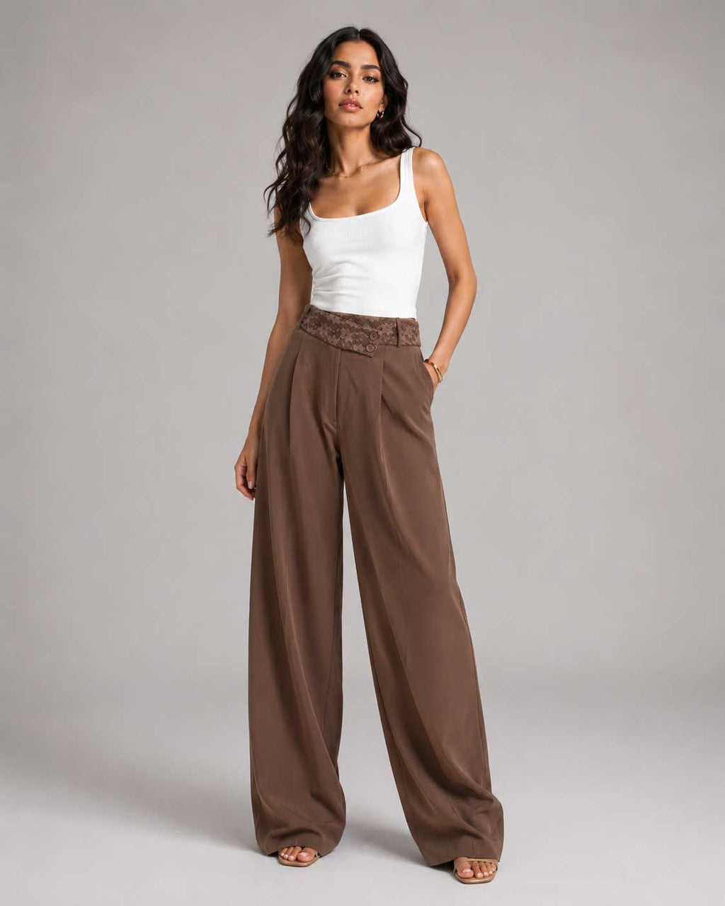Lace Waist Mocha Wide Leg Pants Lace CIZARO - Cizaro Jeans