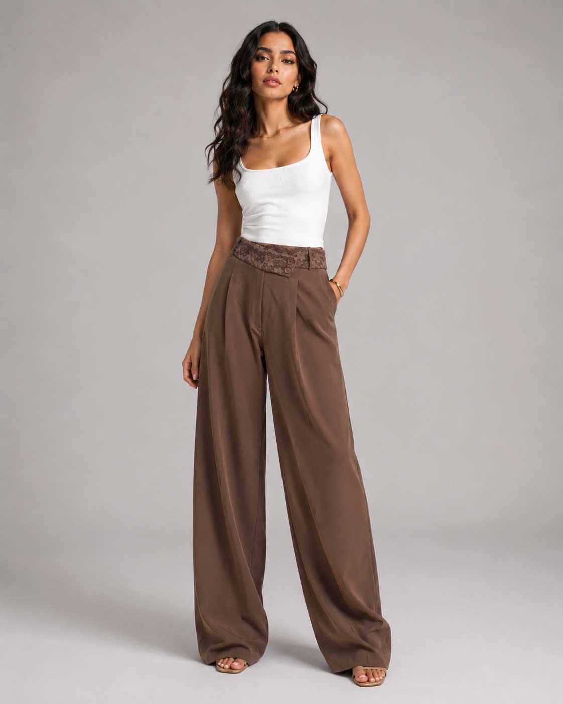 Lace Waist Mocha Wide Leg Pants Lace CIZARO - Cizaro Jeans