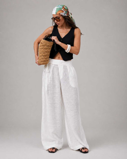 Wide-Leg White Linen Pants Wide- leg CIZARO - Cizaro Jeans