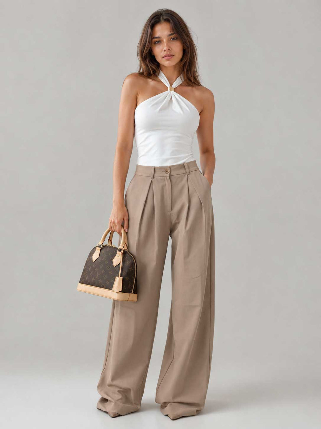 Pleated Wide-Leg Beige Trousers Wideleg CIZARO - Cizaro Jeans