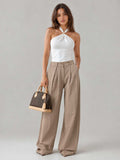 Pleated Wide-Leg Beige Trousers Wideleg CIZARO - Cizaro Jeans