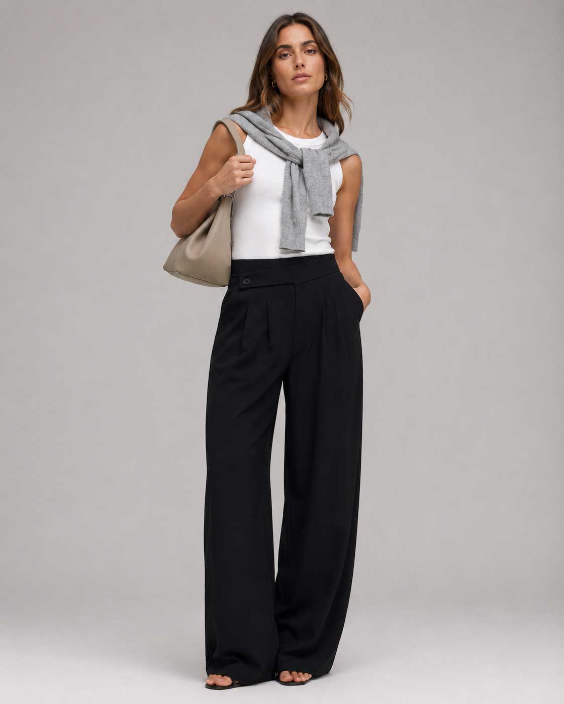 Linen Button-Tab Wide-Leg Trousers – Black Linen pants CIZARO - Cizaro Jeans