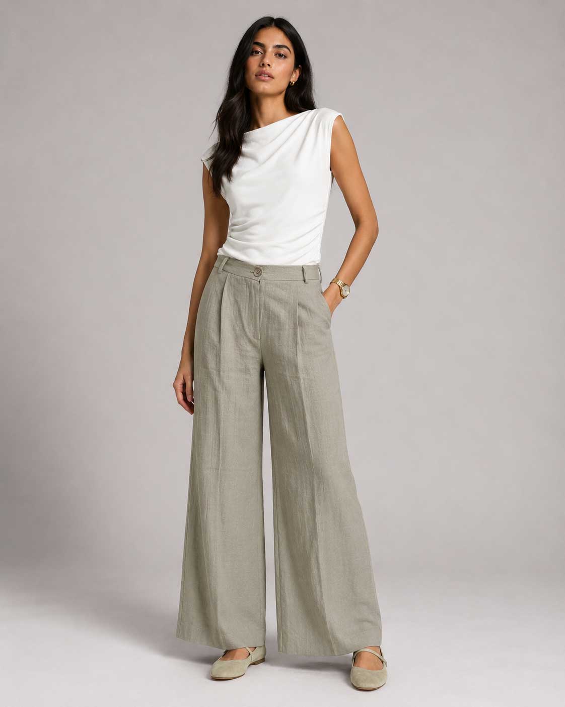 Sand olive Wide Linen Pants Linen CIZARO - Cizaro Jeans