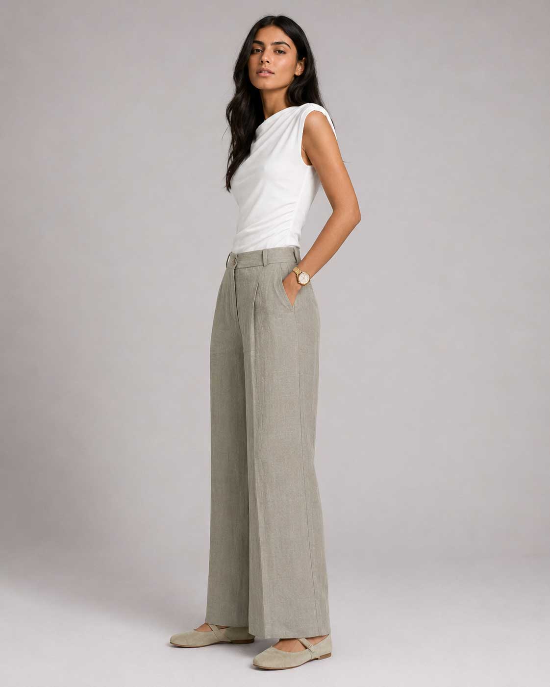 Sand olive Wide Linen Pants Linen CIZARO - Cizaro Jeans
