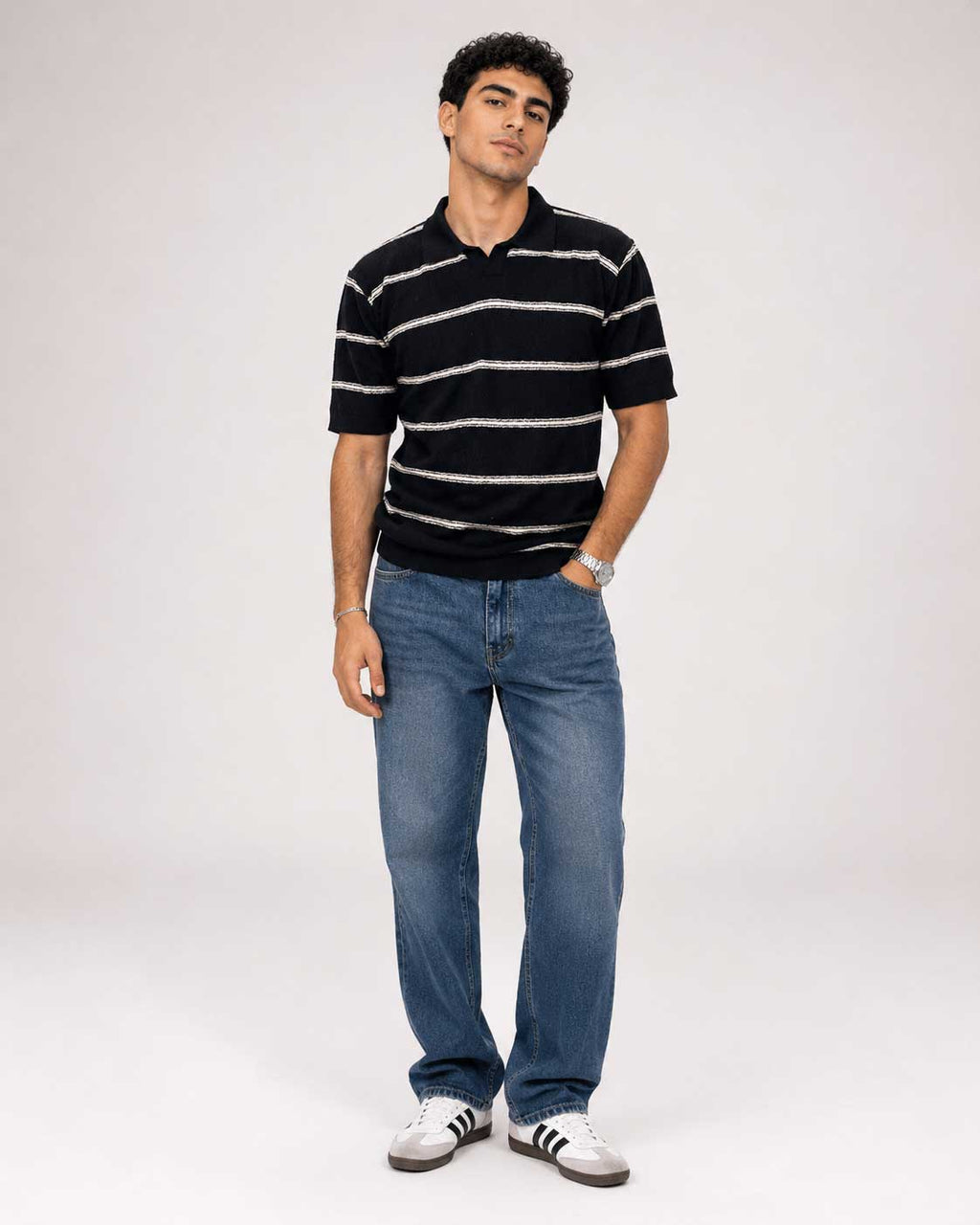Fine-Knit Striped Polo Shirt – Black shirt CIZARO - Cizaro Jeans