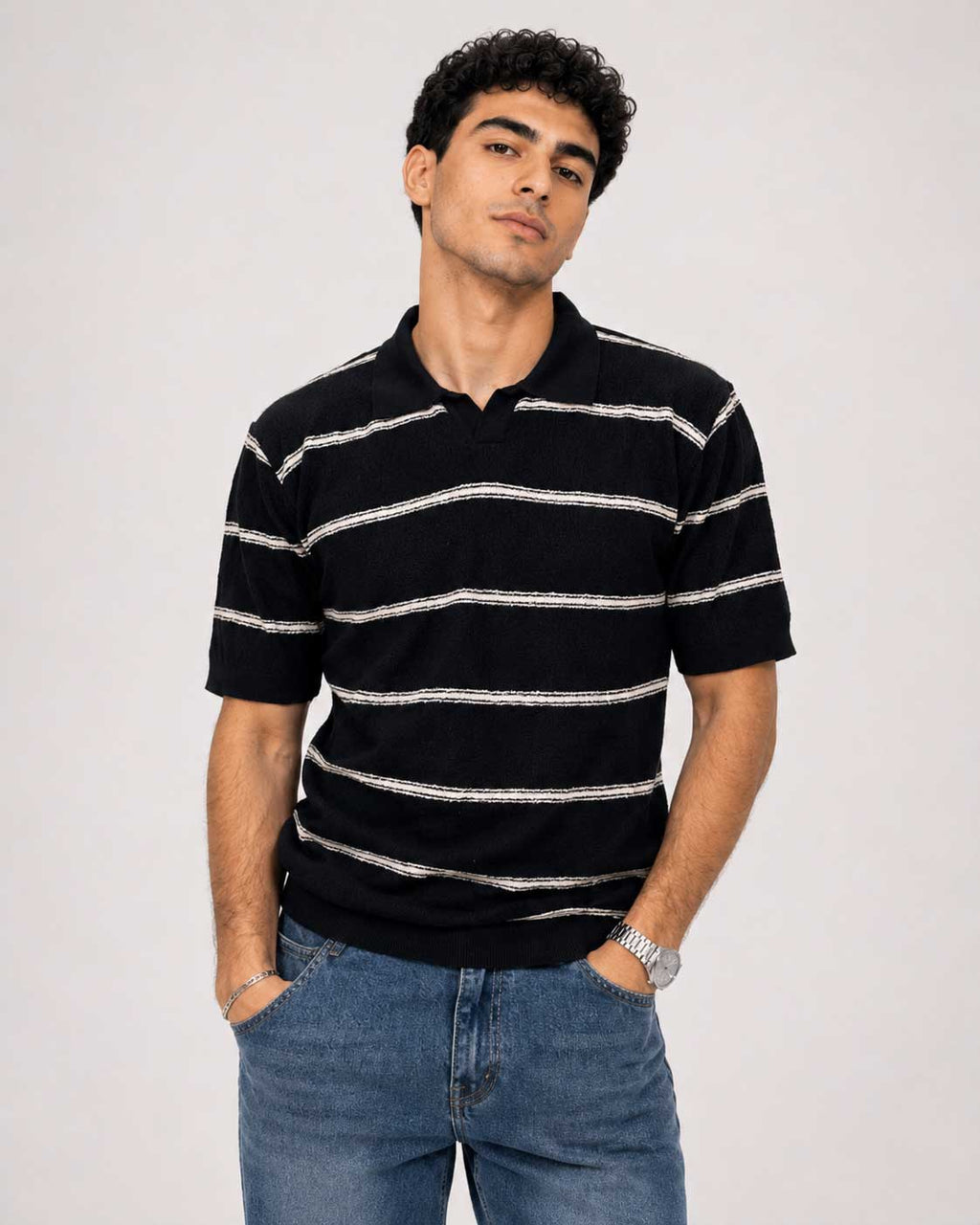Fine-Knit Striped Polo Shirt – Black shirt CIZARO - Cizaro Jeans