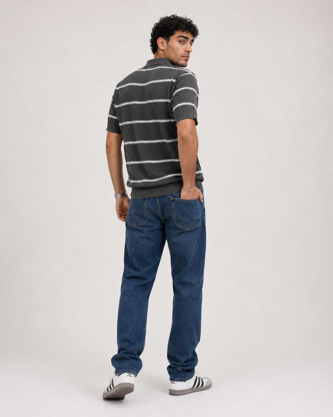 Fine-Knit Striped Polo Shirt – Grey shirt CIZARO - Cizaro Jeans