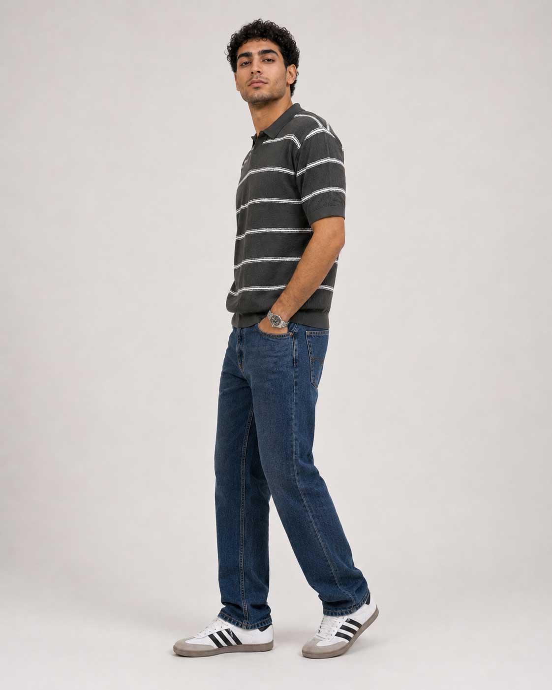 Fine-Knit Striped Polo Shirt – Grey shirt CIZARO - Cizaro Jeans