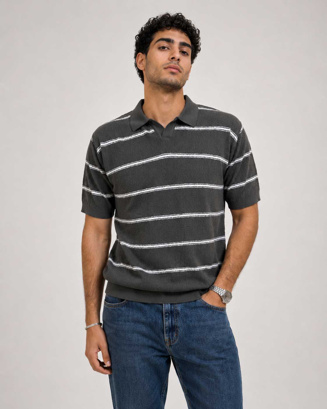 Fine-Knit Striped Polo Shirt – Grey shirt CIZARO - Cizaro Jeans