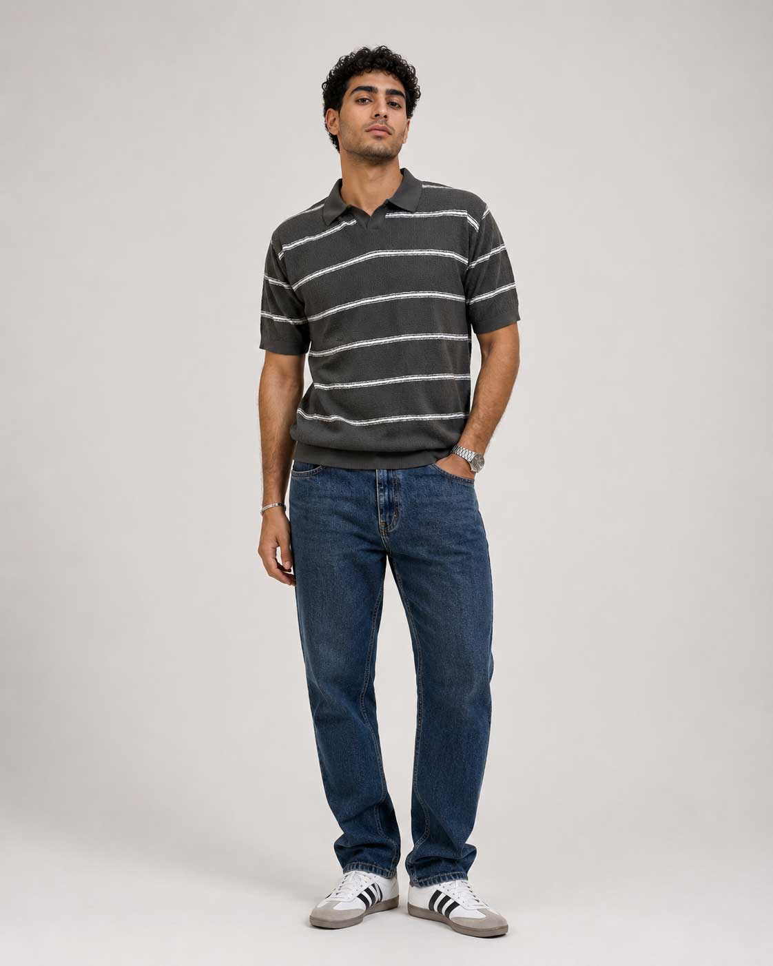 Fine-Knit Striped Polo Shirt – Grey shirt CIZARO - Cizaro Jeans