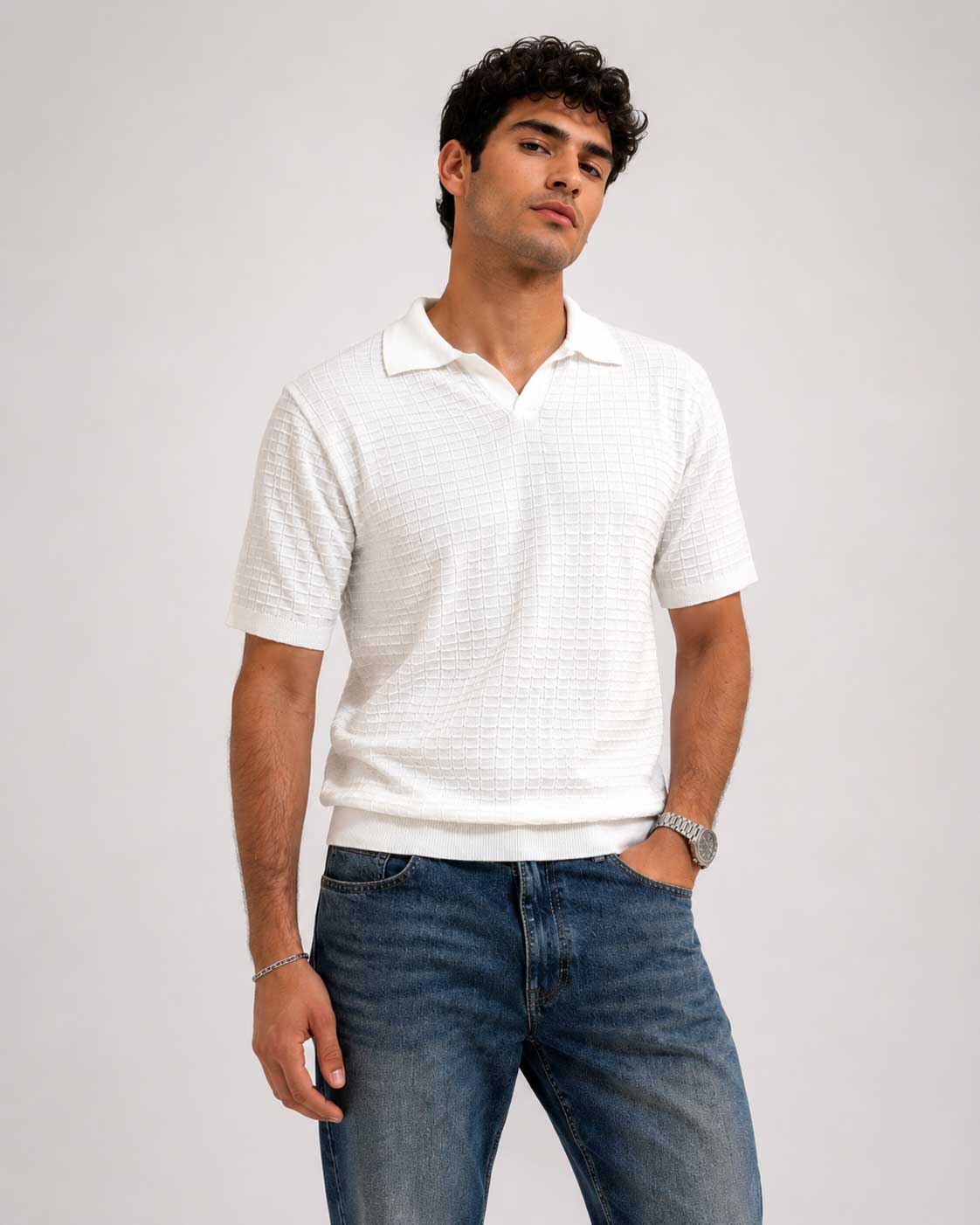 Textured Polo Shirt – White shirt CIZARO - Cizaro Jeans