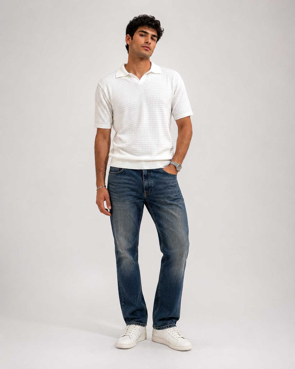 Textured Polo Shirt – White shirt CIZARO - Cizaro Jeans