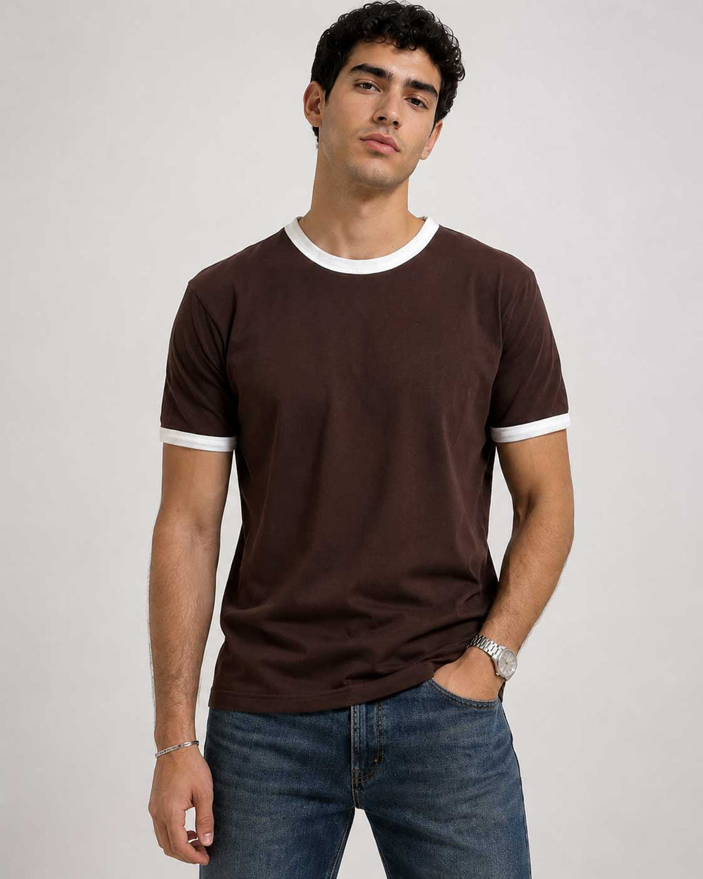 Regular Fit Ringer T-Shirt – Brown T-shirt CIZARO - Cizaro Jeans