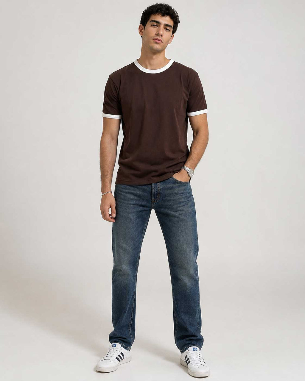 Regular Fit Ringer T-Shirt – Brown T-shirt CIZARO - Cizaro Jeans