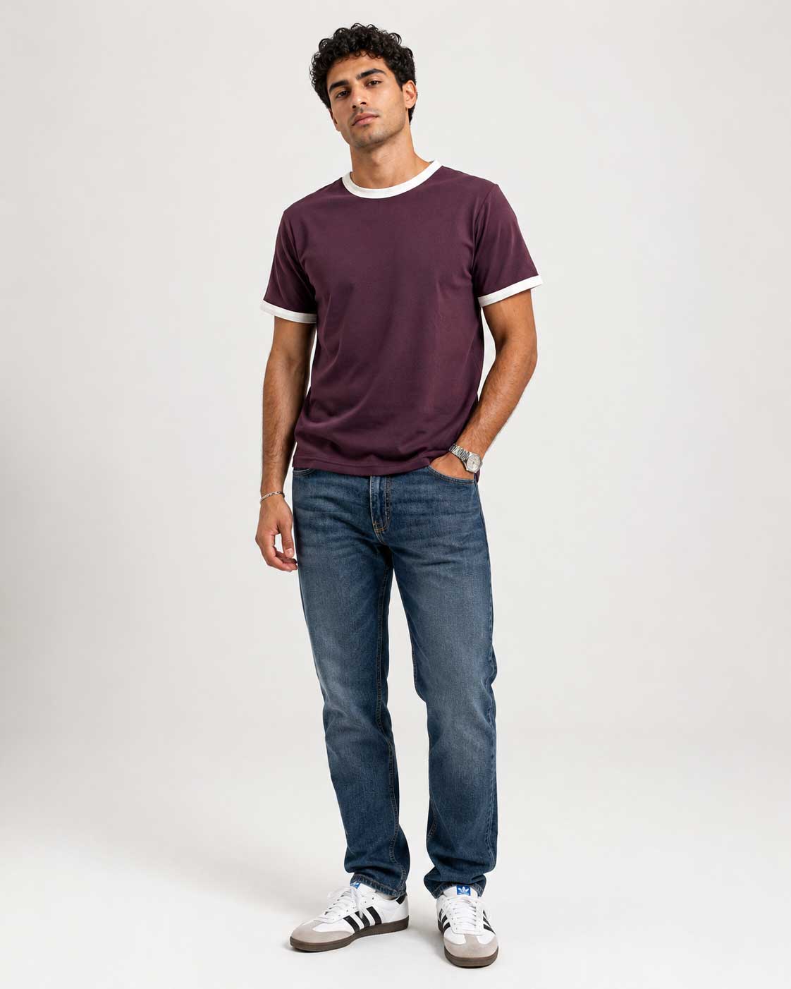 Regular Fit Ringer T-Shirt – Burgundy T-shirt CIZARO - Cizaro Jeans
