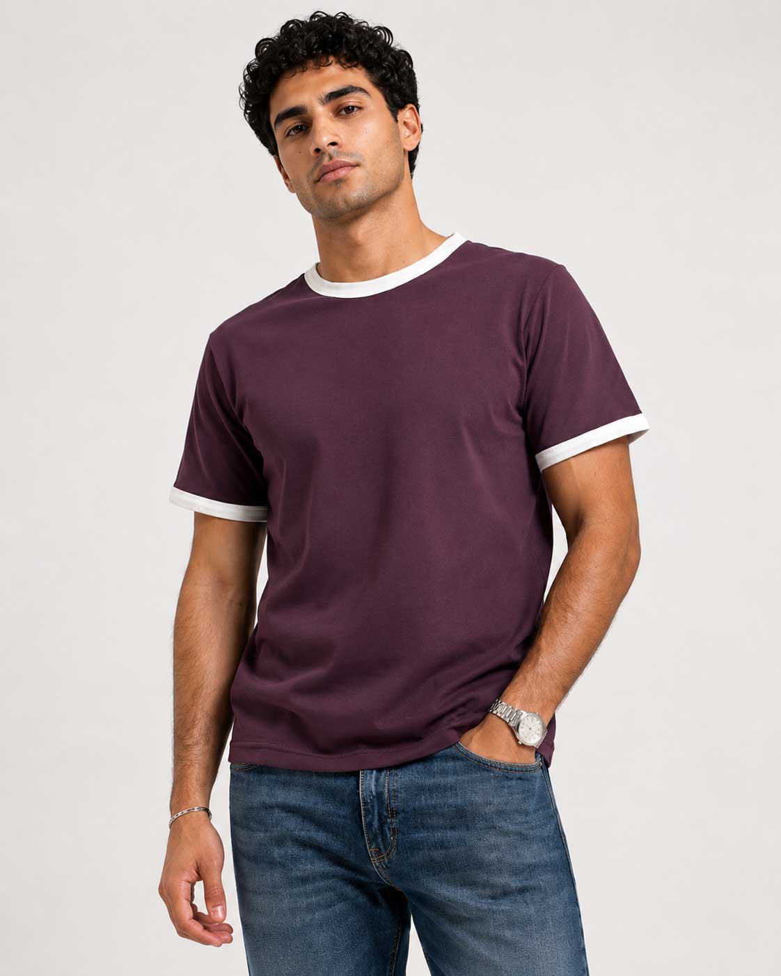 Regular Fit Ringer T-Shirt – Burgundy T-shirt CIZARO - Cizaro Jeans