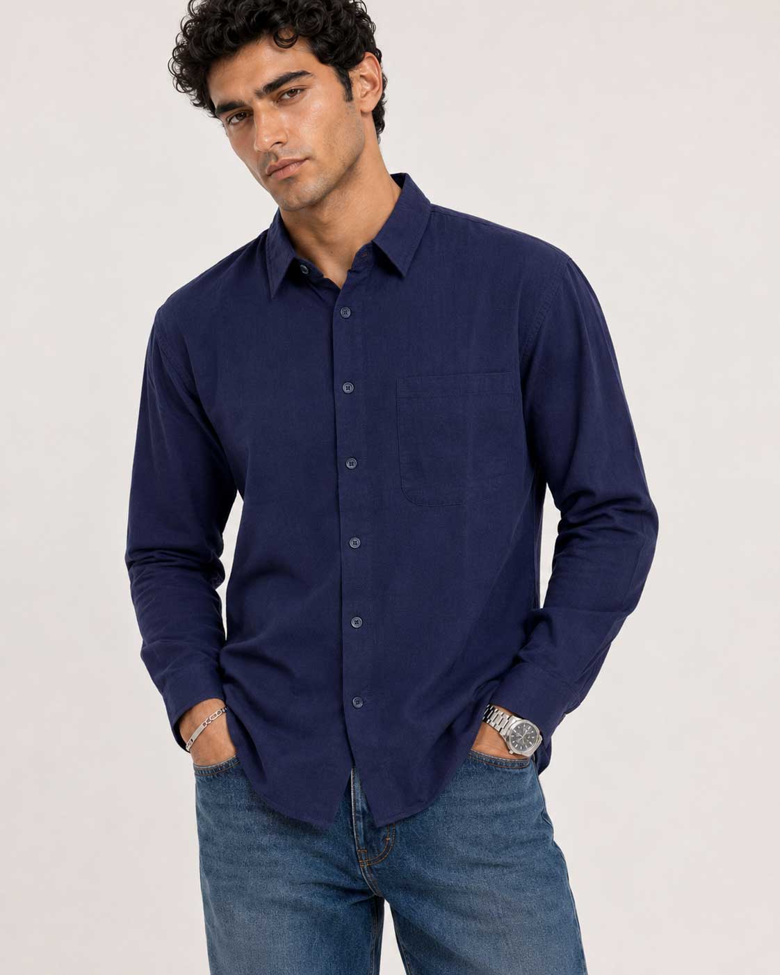 Regular Fit Linen-Blend Shirt – Navy Linen shirt CIZARO - Cizaro Jeans