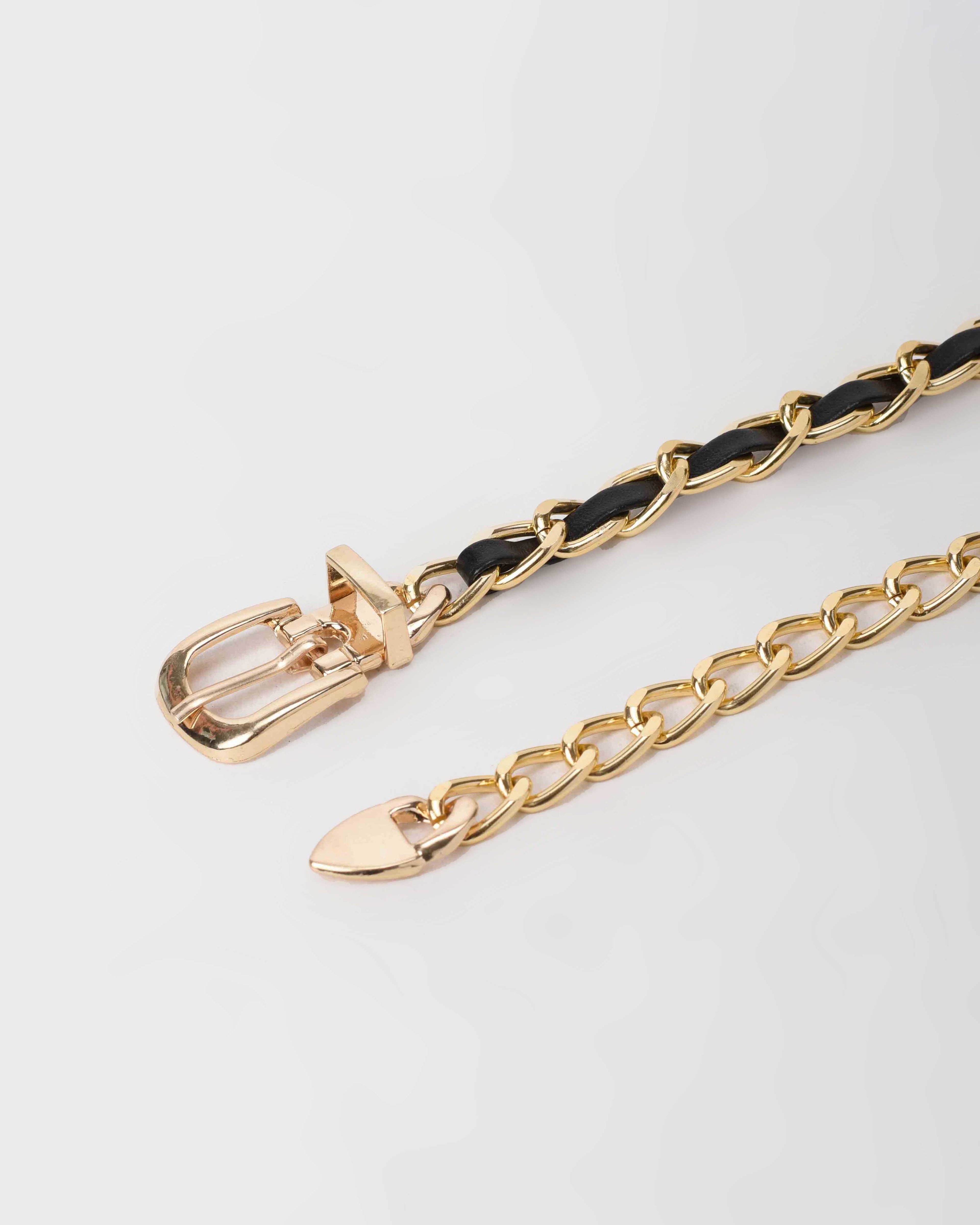 Gold Chain Belt with Black Faux Leather Weave