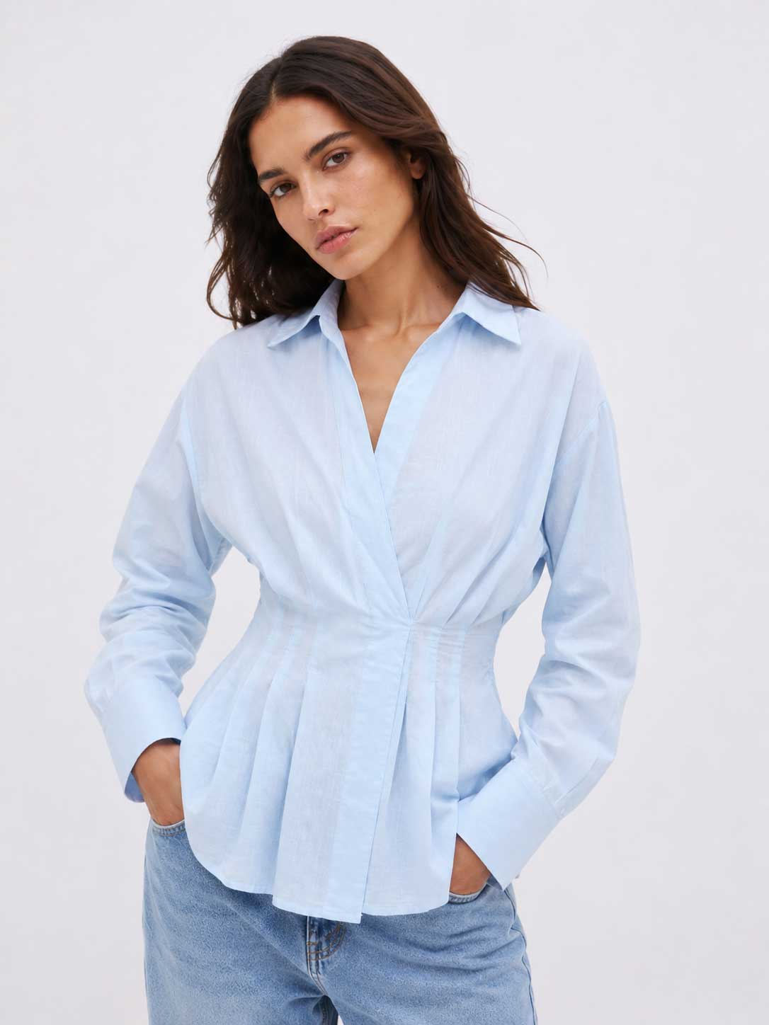 Pleated Waist Linen Blouse – Pastel Blue