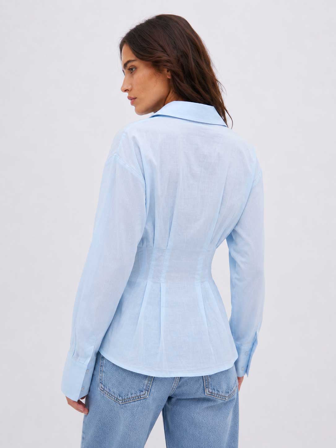 Pleated Waist Linen Blouse – Pastel Blue