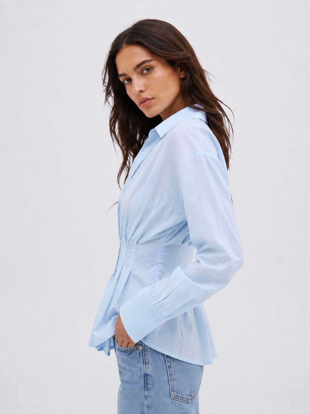 Pleated Waist Linen Blouse – Pastel Blue