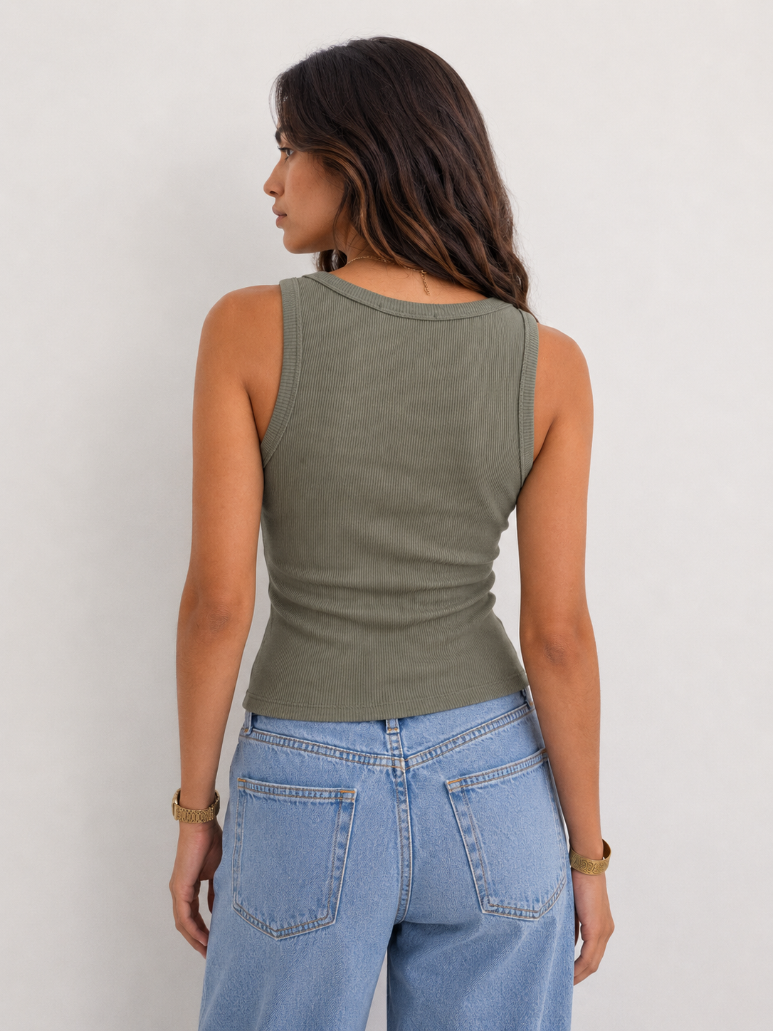 Ribbed U-Neck Tank Top – Olive
