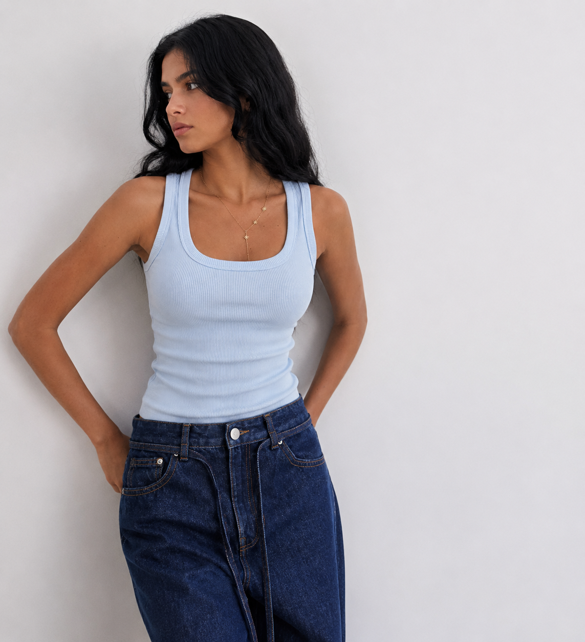 Ribbed U-Neck Tank Top – Pastel Blue