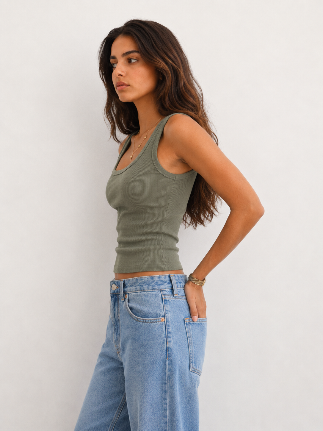 Ribbed U-Neck Tank Top – Olive